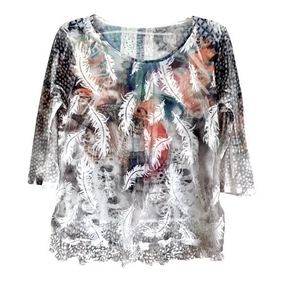 Fleur De Lis Collection 3/4 Sleeve White And Multicolored Top Small EUC - Picture 1 of 4